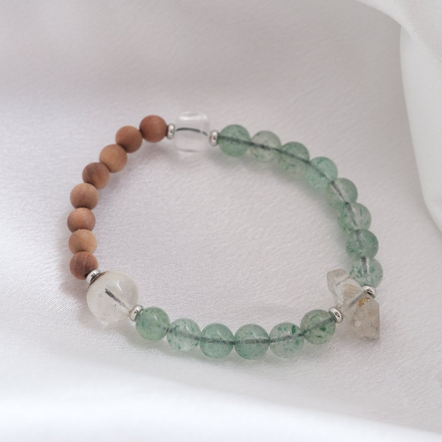 Green Strawberry, Clear And Phantom Quartz Bracelet